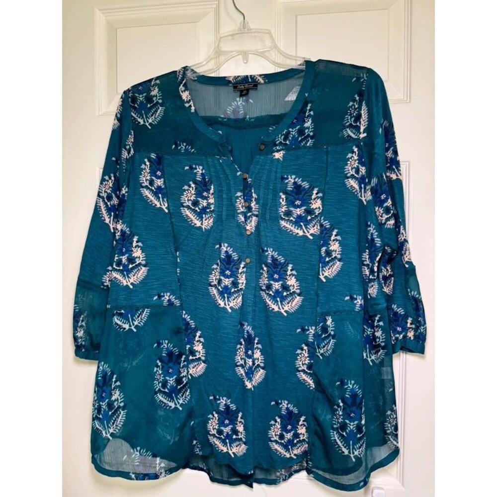 Lucky brand 2X beautiful teal floral blouse sheer panels